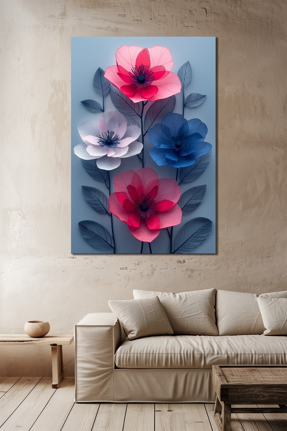 Çiçek Baskılı Cam Tablo – Renkli Modern Floral Dekoratif Duvar Tablosu
