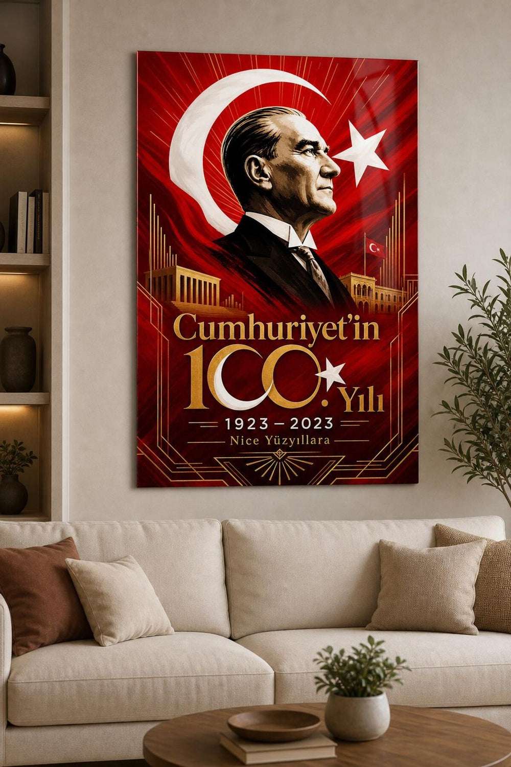 Atatürk ve Cumhuriyet 100. Yıl Baskılı Cam Tablo – UV Baskı Türk Bayrağı Dekoru