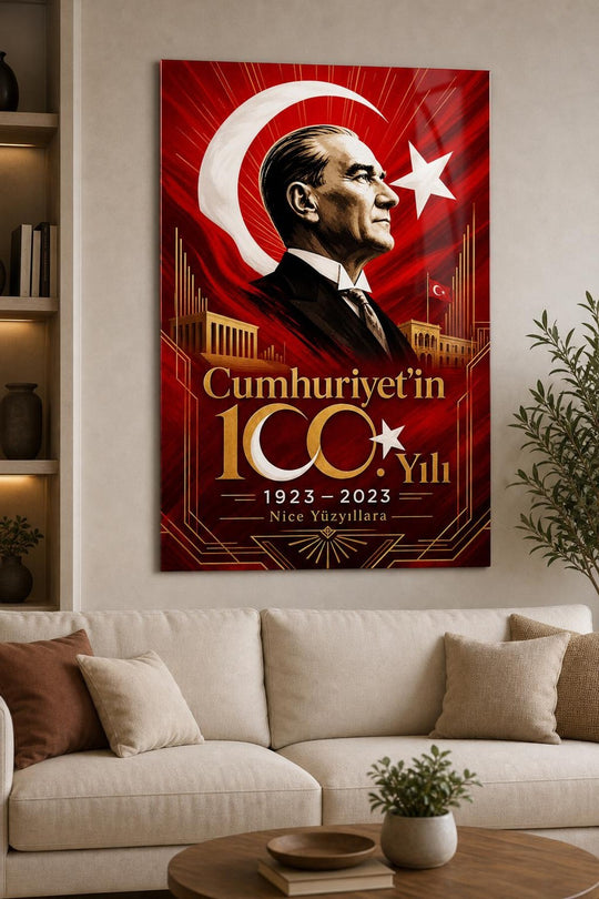 Atatürk ve Cumhuriyet 100. Yıl Baskılı Cam Tablo – UV Baskı Türk Bayrağı Dekoru