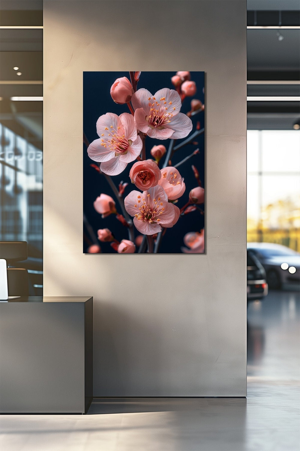 Pembe Çiçek Baskılı Cam Tablo – Sakura Dalı Desenli Dekoratif Duvar Tablosu