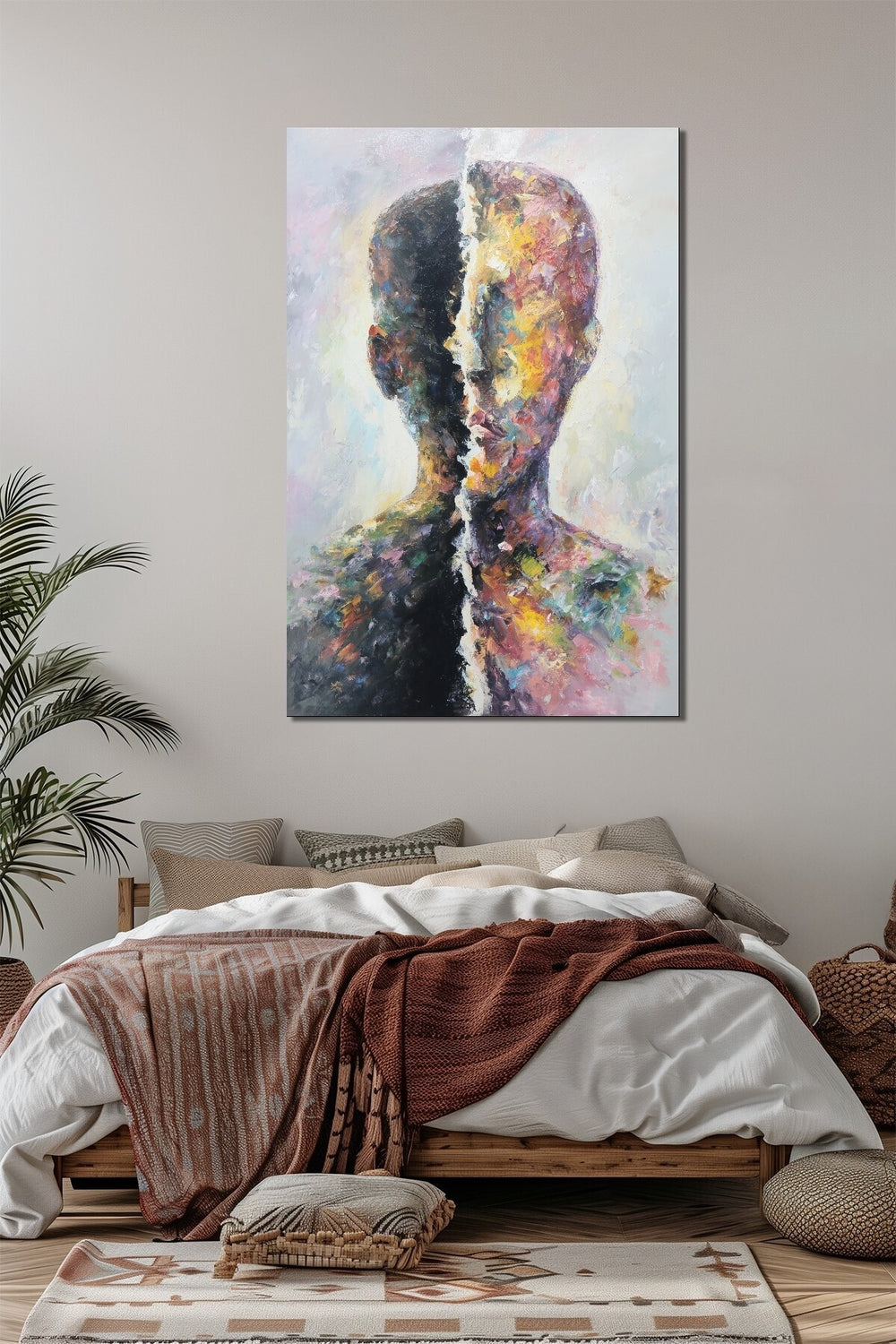 Soyut İnsan Silüeti Baskılı Cam Tablo – Renkli Portre Modern Sanat Duvar Dekoru
