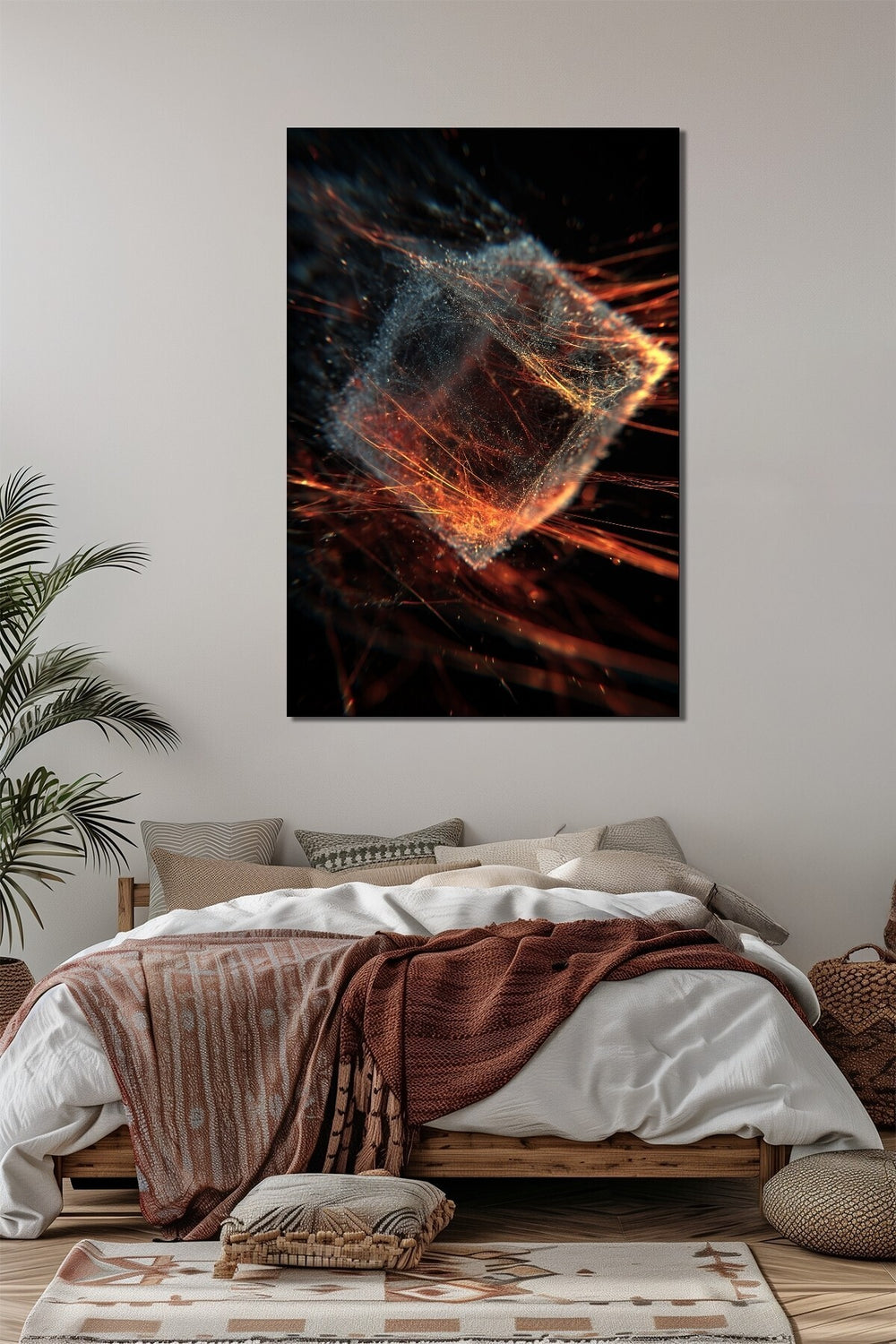 Soyut Enerji Küpü Baskılı Cam Tablo – Modern Dijital Art Işık Efektli Duvar Dekoru