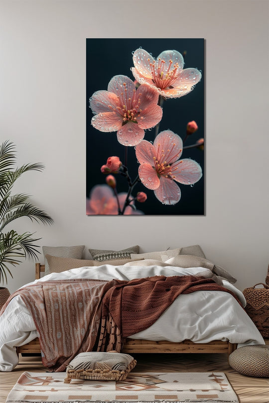Çiçek Baskılı Cam Tablo – Pembe Sakura Çiçeği Dekoratif Duvar Tablosu