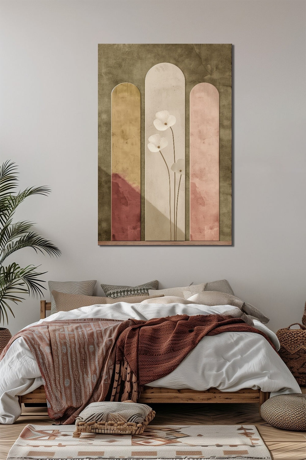 Minimalist Çiçek Baskılı Cam Tablo – Soyut Kemerli Desenli Dekoratif Duvar Tablosu