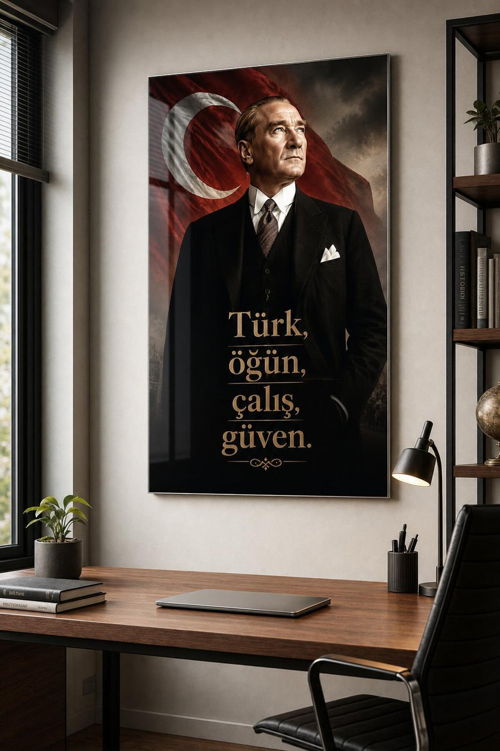 Atatürk Türk Öğün Çalış Güven Baskılı Cam Tablo – UV Baskı Dekoratif Duvar Tablosu