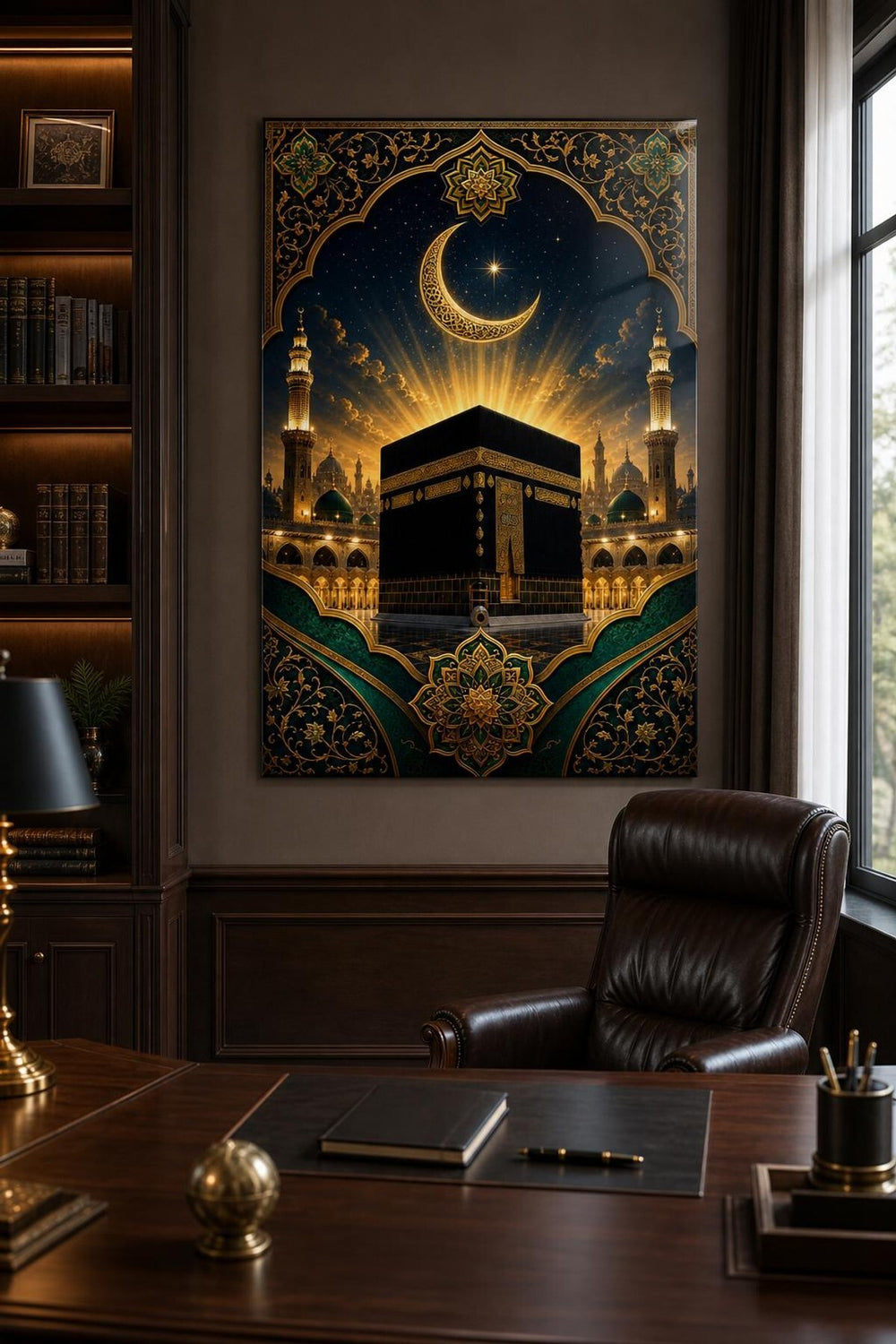Kabe ve Hilal Desenli Baskılı Cam Tablo – UV Baskı Dini Dekoratif Duvar Tablosu