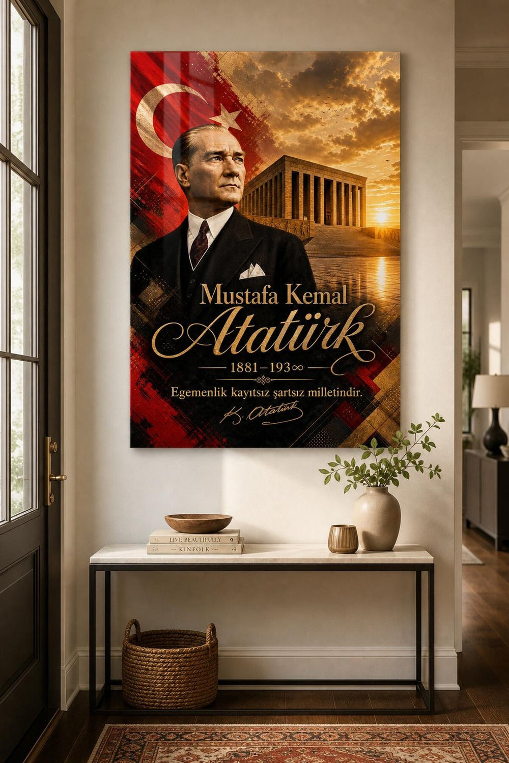 Atatürk ve Anıtkabir Baskılı Cam Tablo – Türk Bayrağı UV Baskı Duvar Dekoru