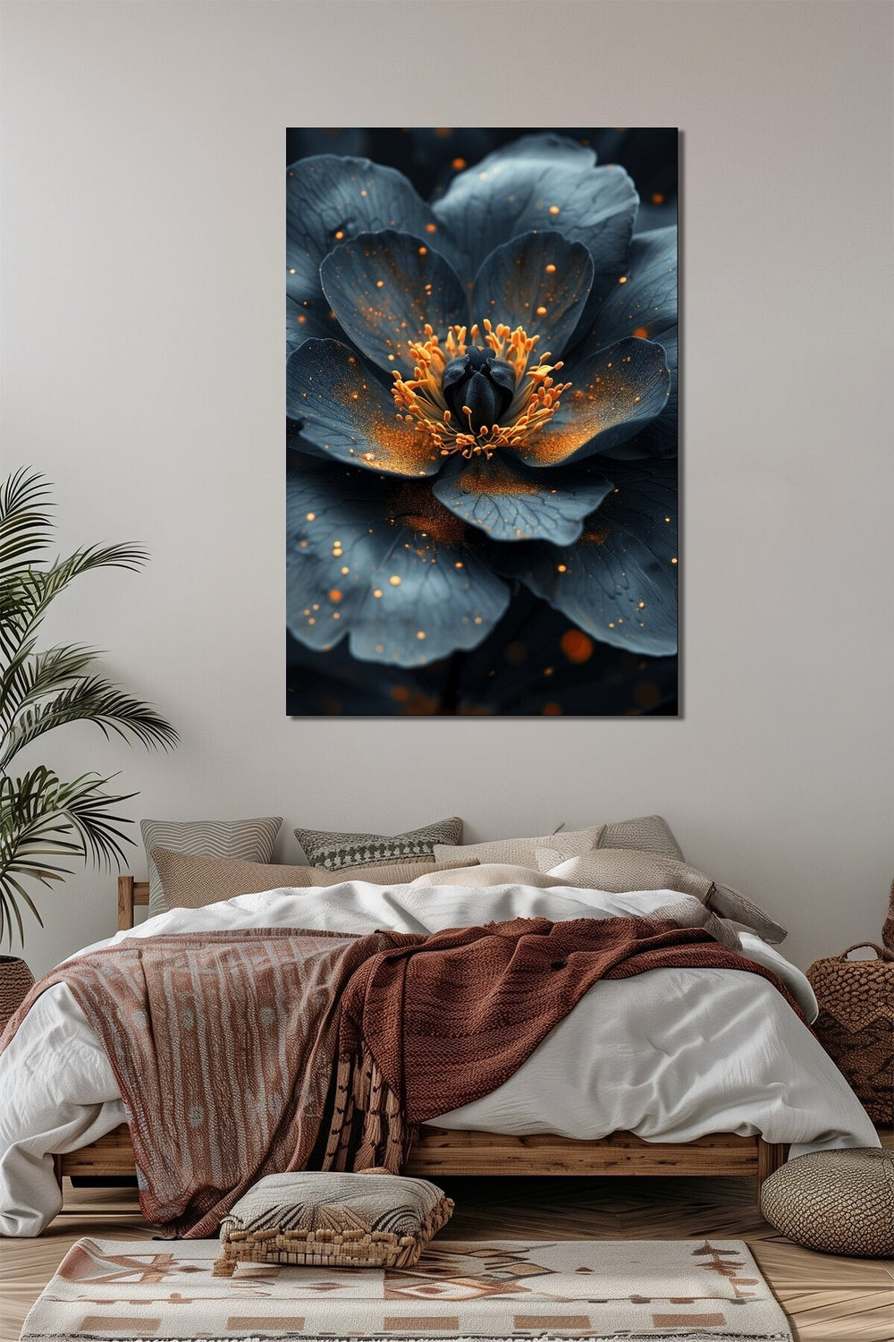 Siyah Çiçek Baskılı Cam Tablo – Altın Detaylı Modern Floral Dekoratif Duvar Tablosu