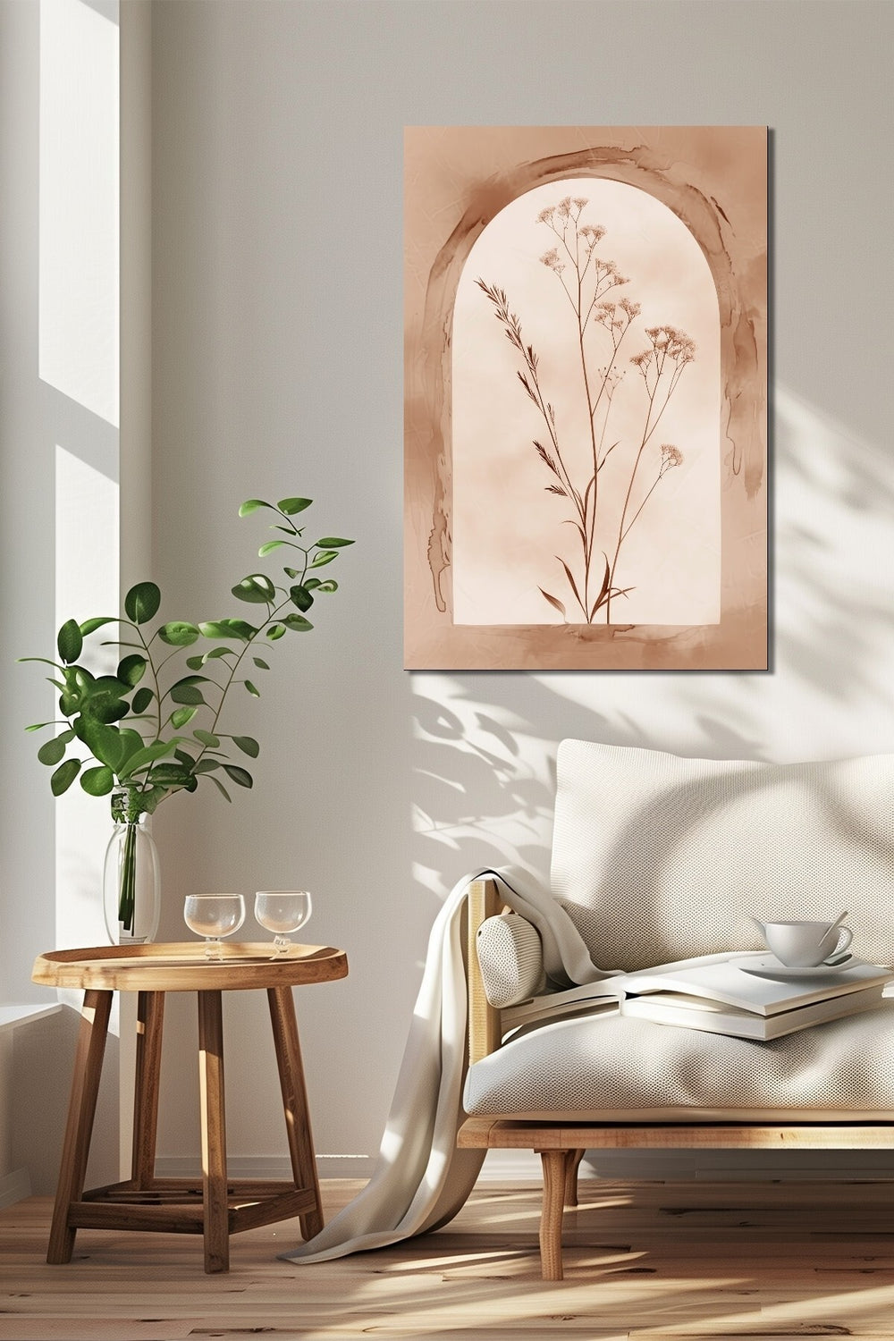 Minimalist Bitki Baskılı Cam Tablo – Bej Tonlu Niş Tasarım Modern Duvar Dekoru