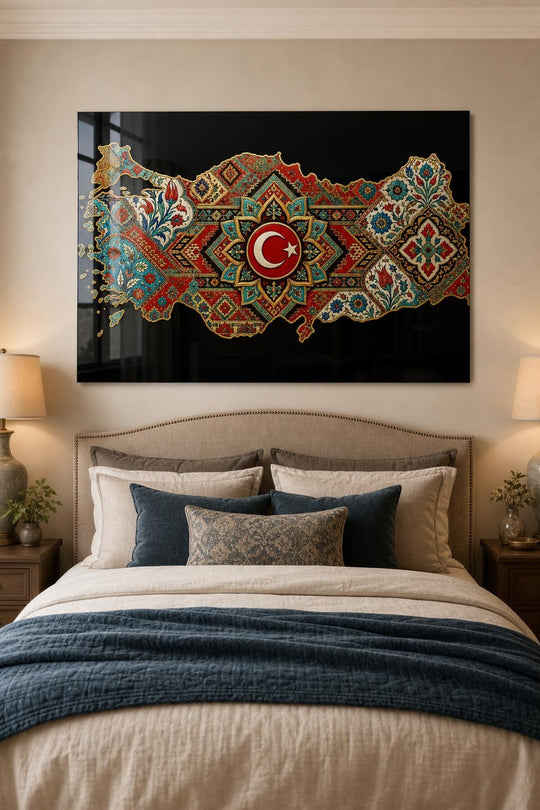 Türkiye Haritası Desenli Baskılı Cam Tablo – UV Baskı Dekoratif Duvar Tablosu
