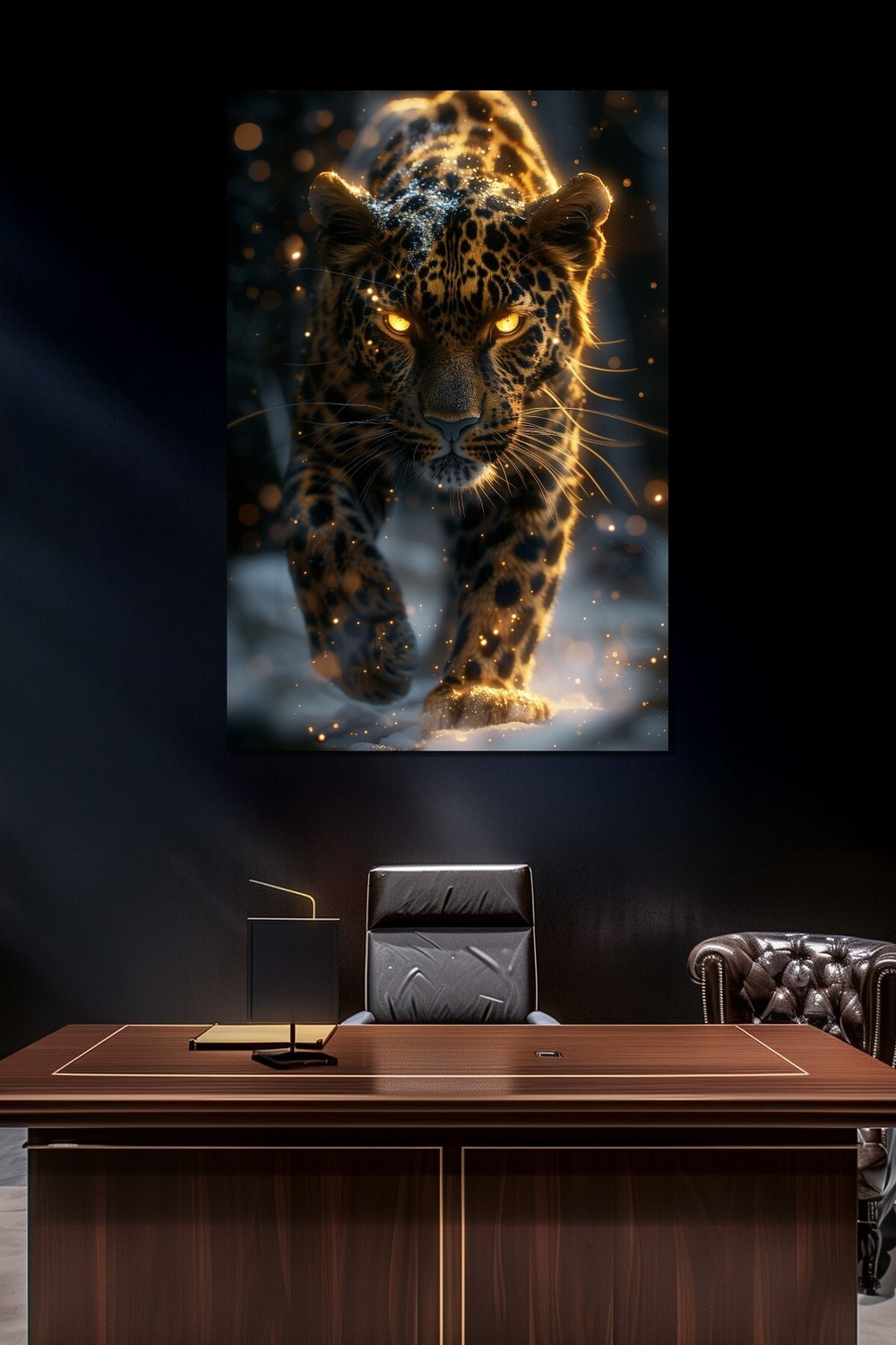 Leopar Baskılı Cam Tablo – Altın Işıltılı Modern Vahşi Doğa Dekoru