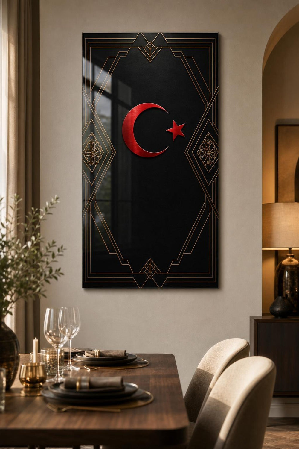 Türk Bayrağı Desenli Baskılı Cam Tablo – Siyah Gold Modern Duvar Dekoru — görsel 5