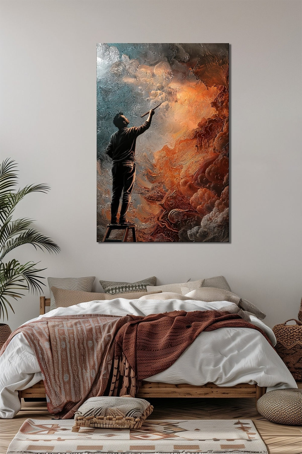 Soyut Ressam Baskılı Cam Tablo – Sanatsal Fırça Dokulu Modern Duvar Dekoru