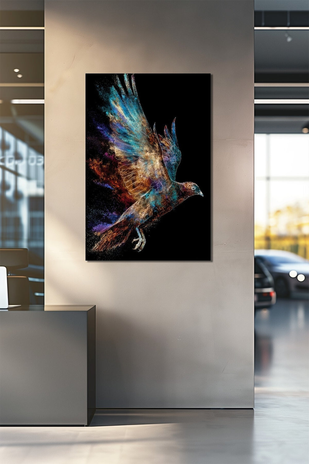 Renkli Uçan Kuş Baskılı Cam Tablo – Soyut Modern Sanat UV Baskı