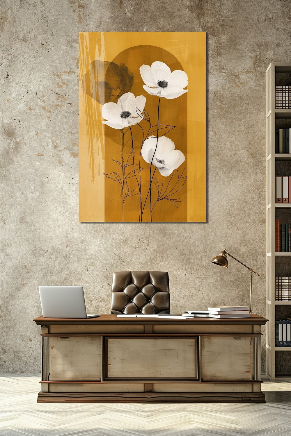 Sarı Çiçek Baskılı Cam Tablo – Minimalist Modern UV Baskı Duvar Dekoru