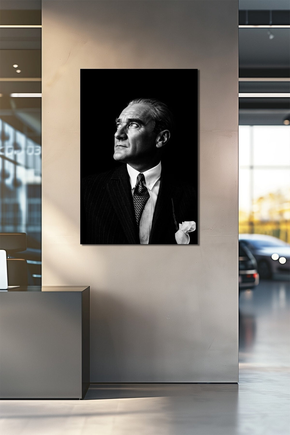 Atatürk Siyah Beyaz Portre Cam Tablo – Klasik Şık UV Baskı Duvar Dekoru