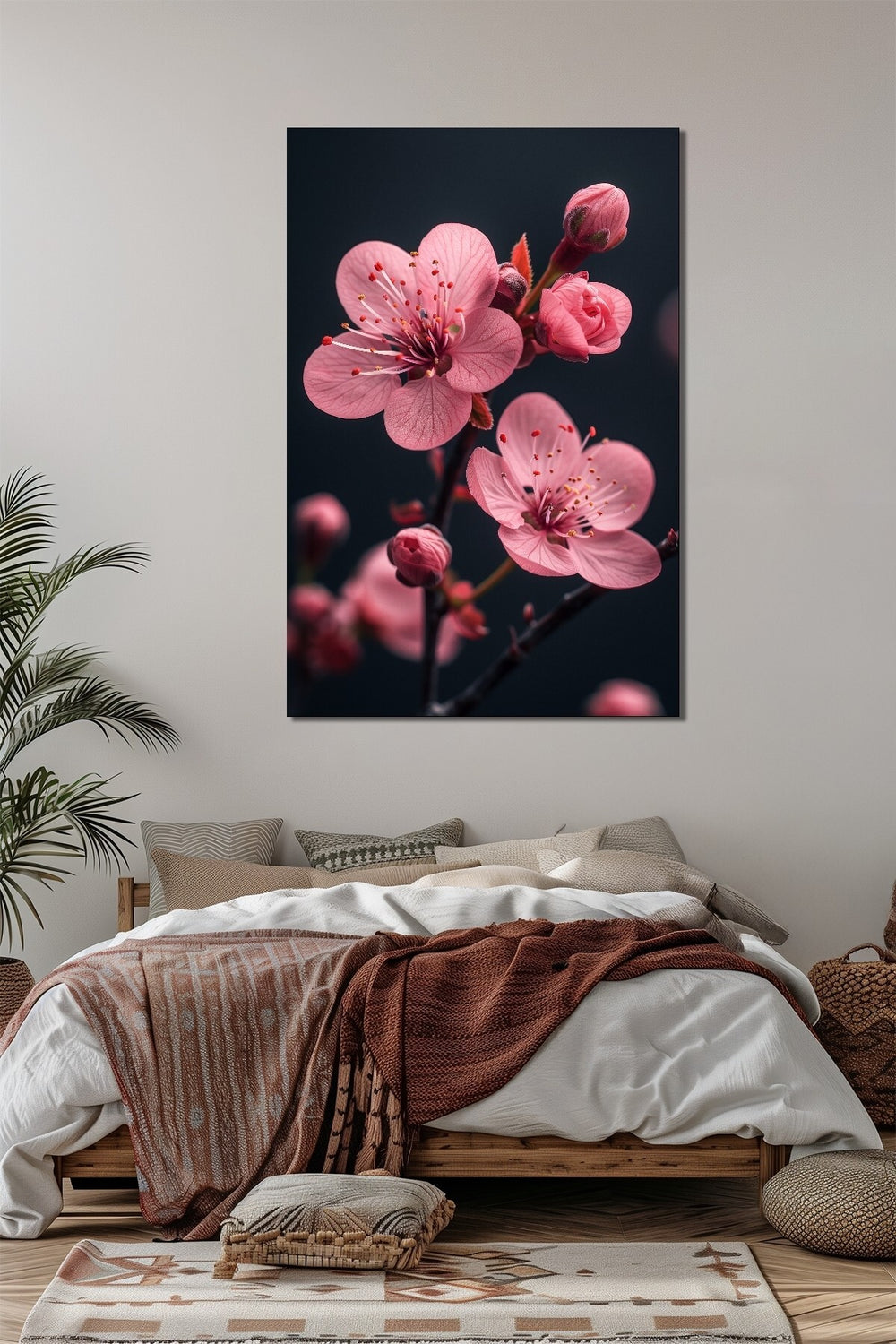 Pembe Çiçek Baskılı Cam Tablo – Minimal Sakura Dalı Dekoratif Duvar Tablosu