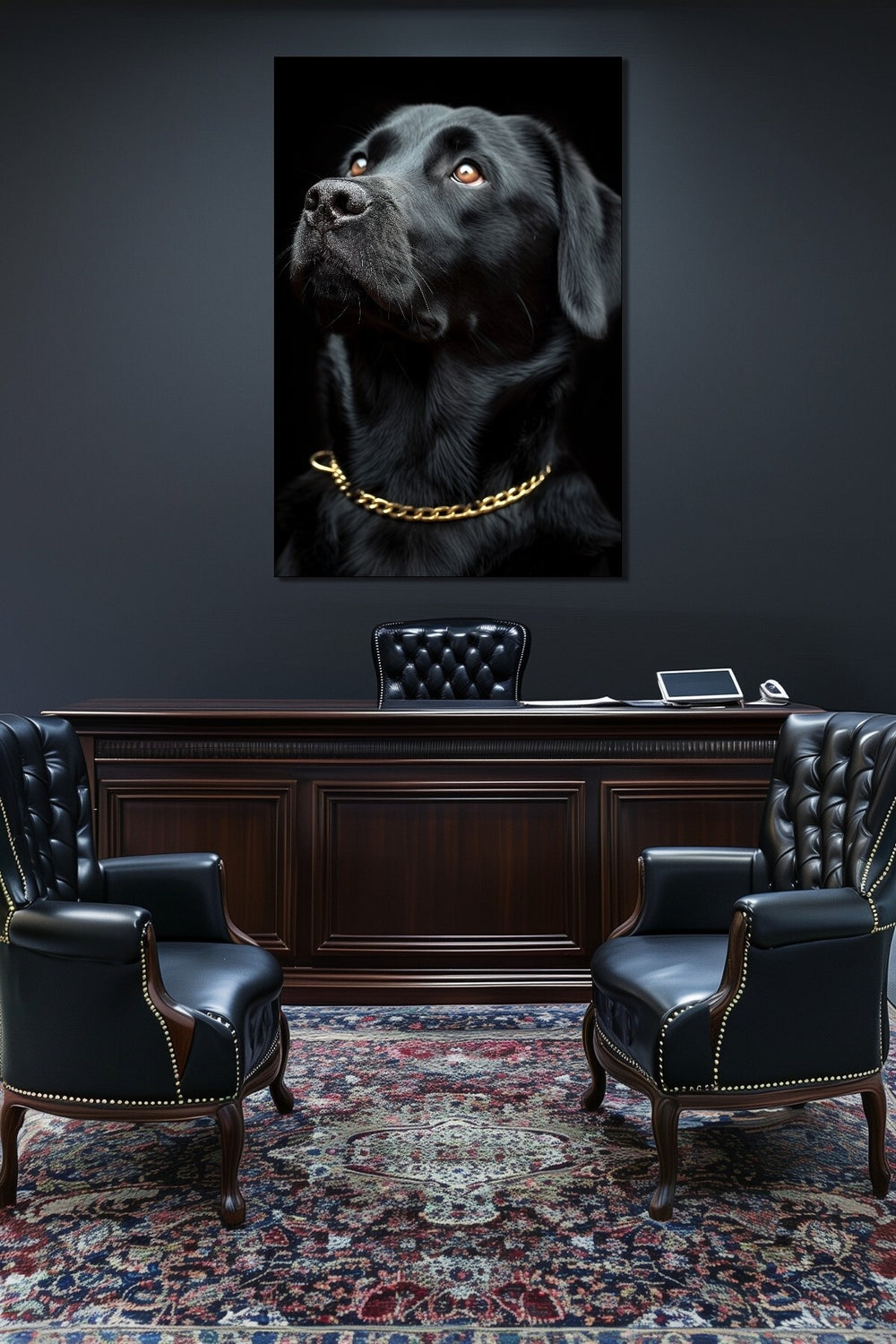 Siyah Köpek Baskılı Cam Tablo – Gold Zincir Detaylı Modern ve Şık Duvar Dekoru