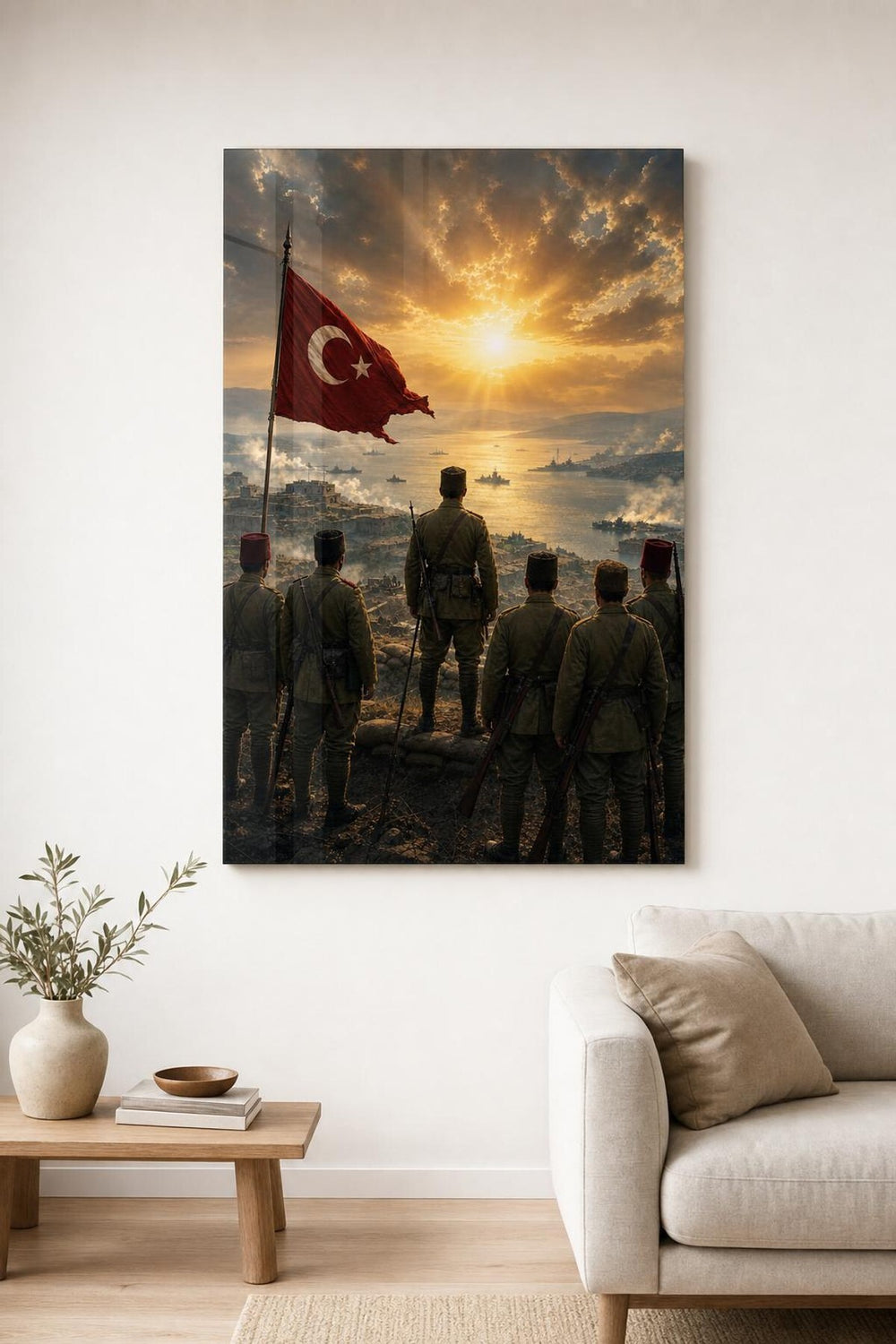 Türk Bayrağı Asker Temalı Baskılı Cam Tablo – UV Baskı Vatan Duvar Dekoru