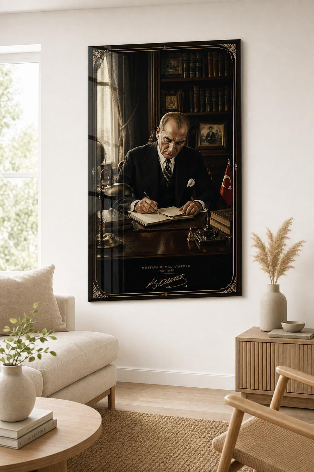 Atatürk Çalışma Masasında Baskılı Cam Tablo – Türk Bayraklı UV Baskı Dekoratif Duvar Tablosu