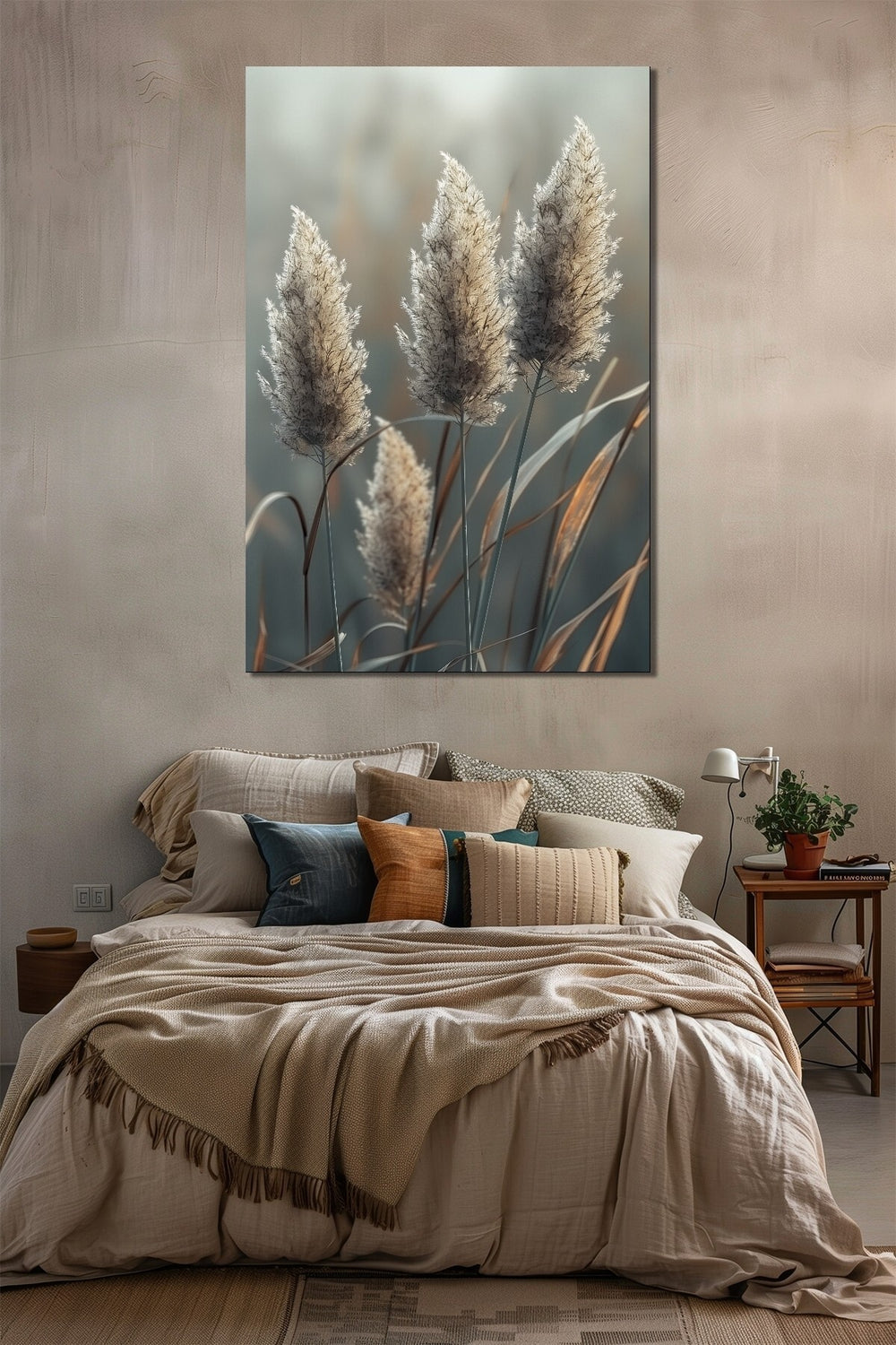 Pampas Otu Baskılı Cam Tablo – Doğal Bohem Stil UV Baskı Modern Duvar Dekoru