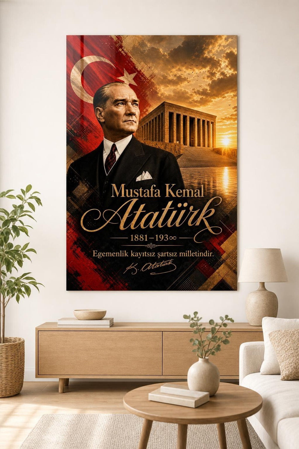 Atatürk ve Anıtkabir Baskılı Cam Tablo – Türk Bayrağı UV Baskı Duvar Dekoru
