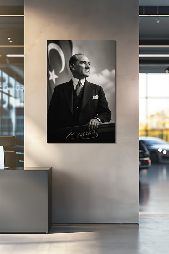 Atatürk İmzalı Türk Bayraklı Siyah Beyaz Cam Tablo – Prestij Serisi UV Baskı Duvar Dekoru