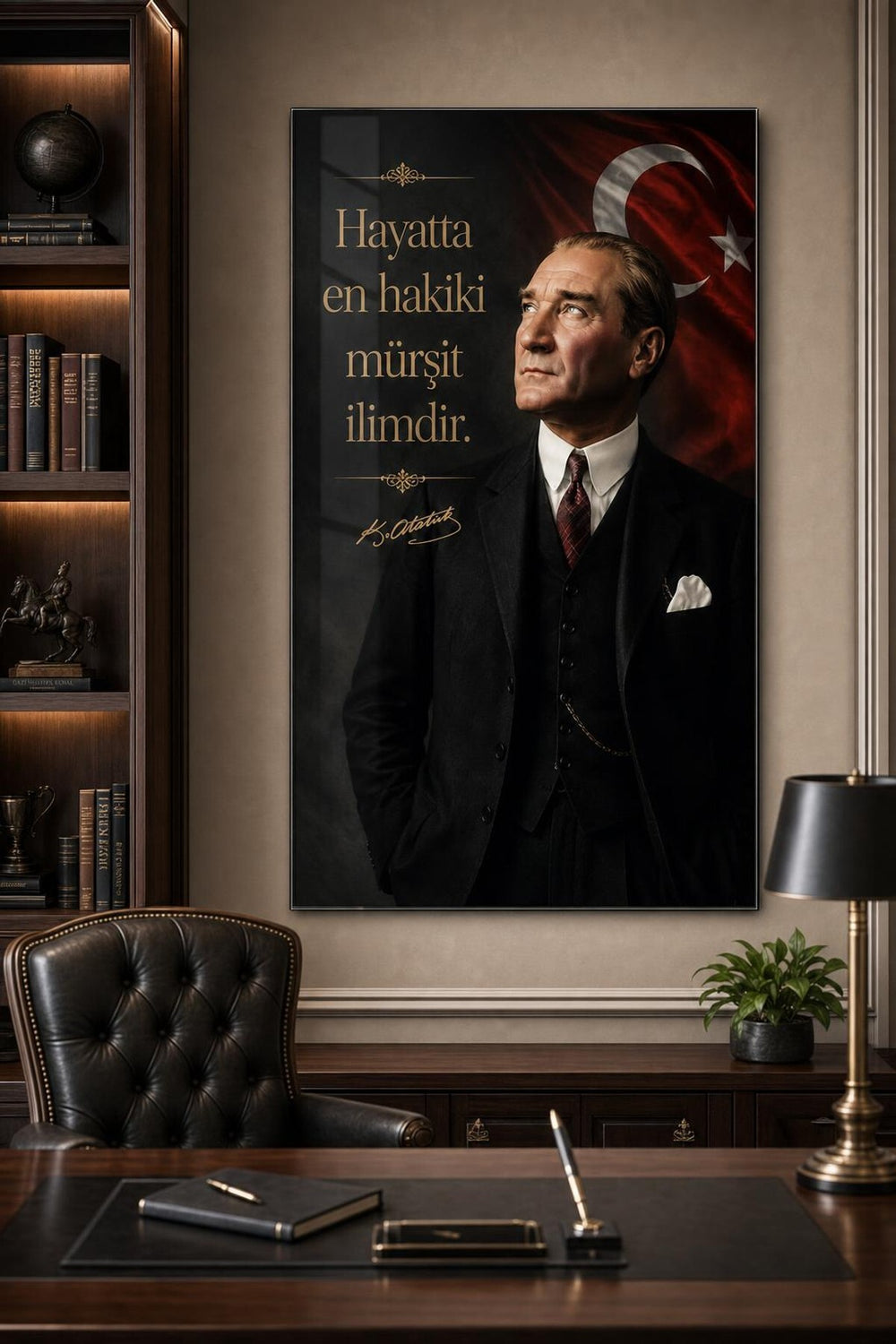 Atatürk ve Türk Bayrağı Baskılı Cam Tablo – Sözlü UV Baskı Dekoratif Duvar Tablosu