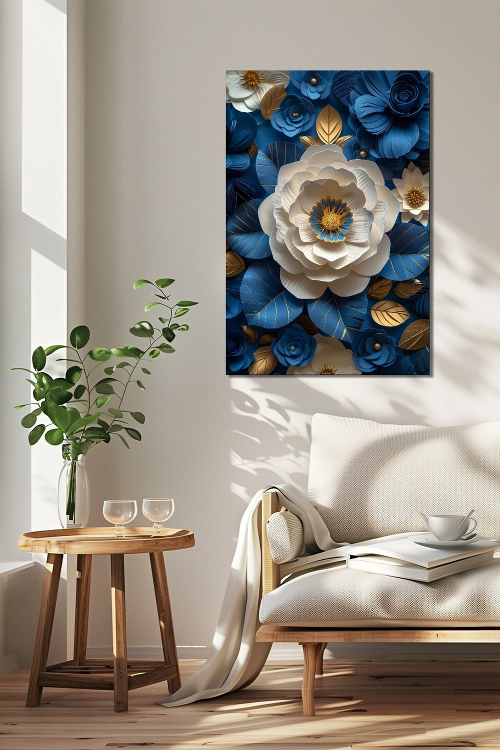 Mavi Çiçek Baskılı Cam Tablo – Altın Detaylı 3D Görünümlü Lüks Floral Duvar Dekoru