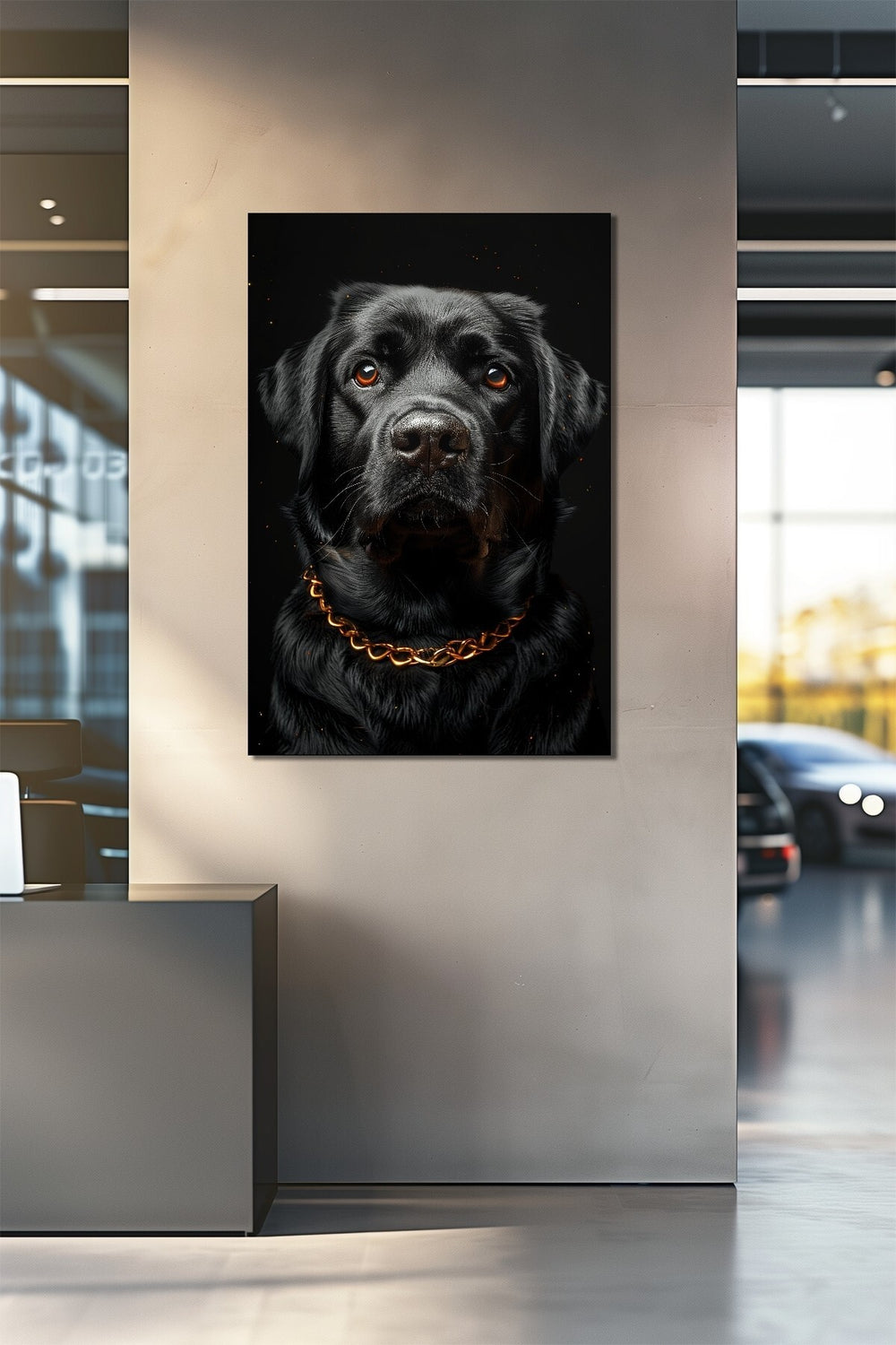 Siyah Köpek Baskılı Cam Tablo – Gold Zincir Detaylı Modern Hayvan Temalı Duvar Dekoru