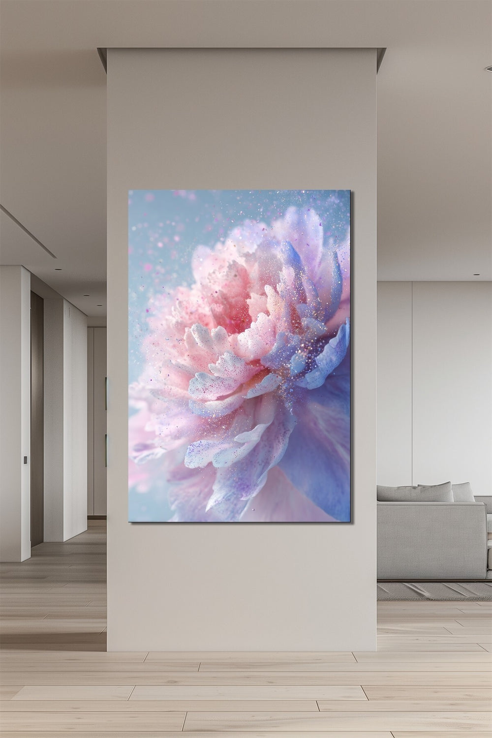 Şakayık Çiçeği Baskılı Cam Tablo – Pastel Tonlu Zarif Floral Duvar Dekoru