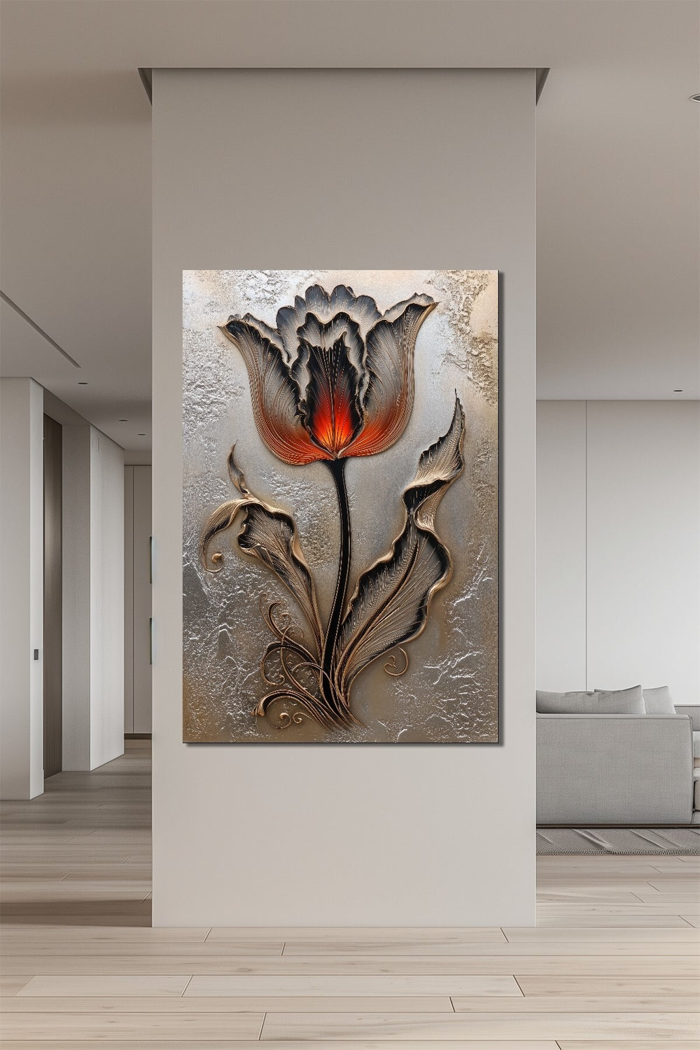 Lale Çiçeği Baskılı Cam Tablo – Kabartma Efektli Modern Floral Duvar Dekoru
