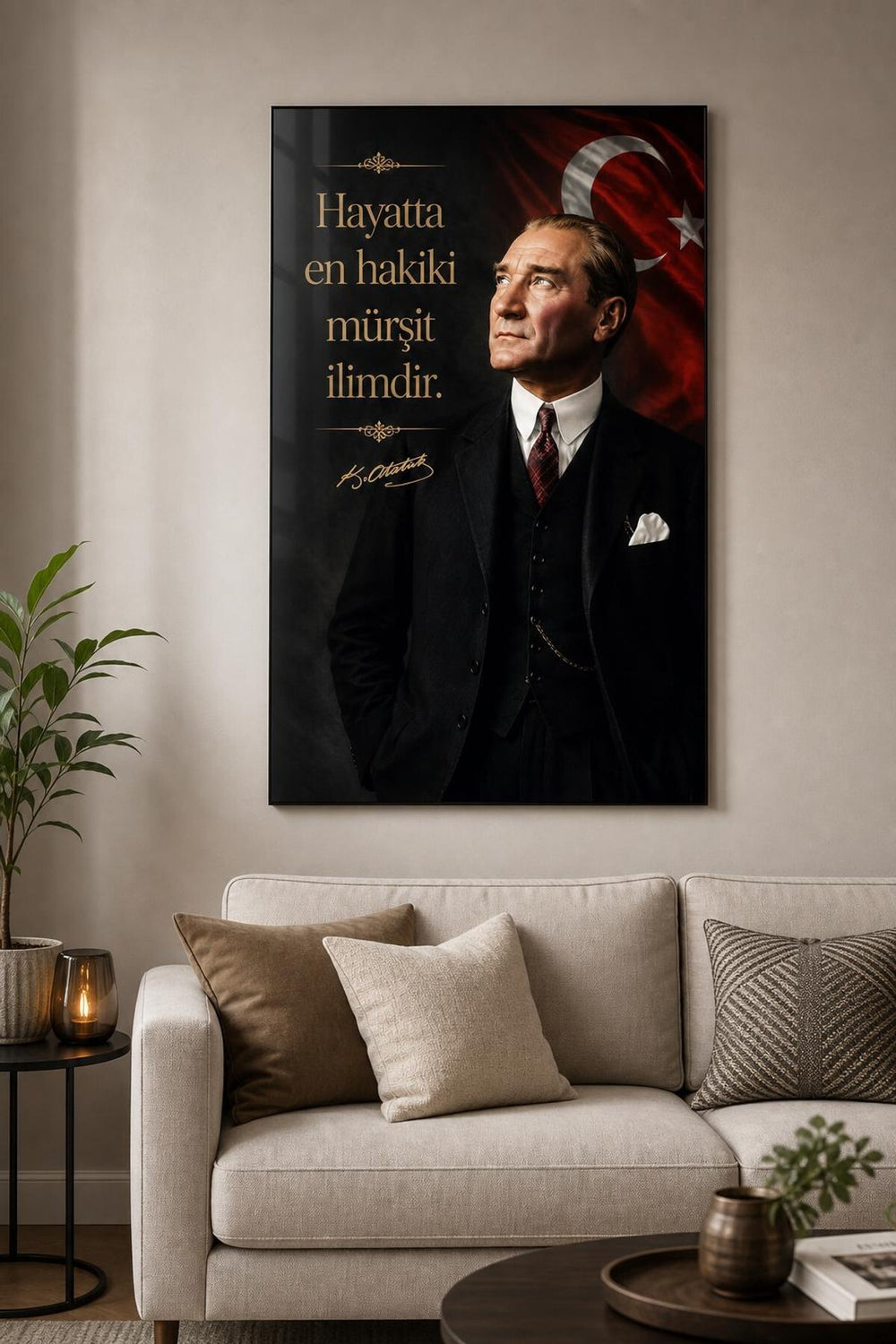 Atatürk ve Türk Bayrağı Baskılı Cam Tablo – Sözlü UV Baskı Dekoratif Duvar Tablosu