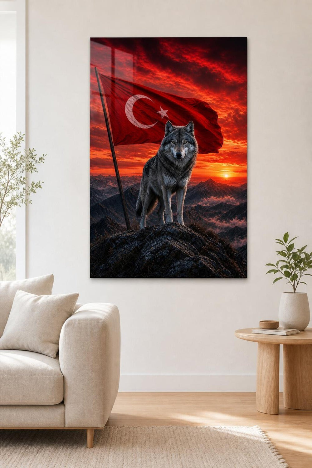 Türk Bayrağı ve Bozkurt Baskılı Cam Tablo – UV Baskı Dekoratif Duvar Tablosu