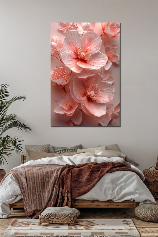 Çiçek Baskılı Cam Tablo – Pembe Floral Desenli Modern Dekoratif Duvar Tablosu