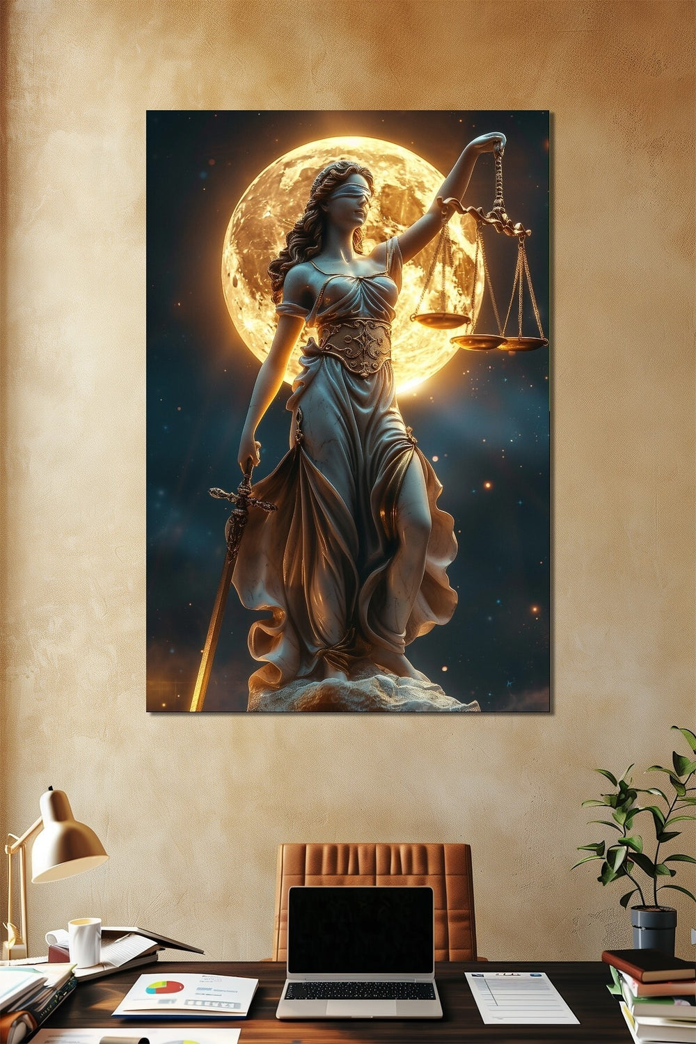 Adalet Heykeli Baskılı Cam Tablo – Ay Işığı Temalı Lady Justice Dekoratif Tablo