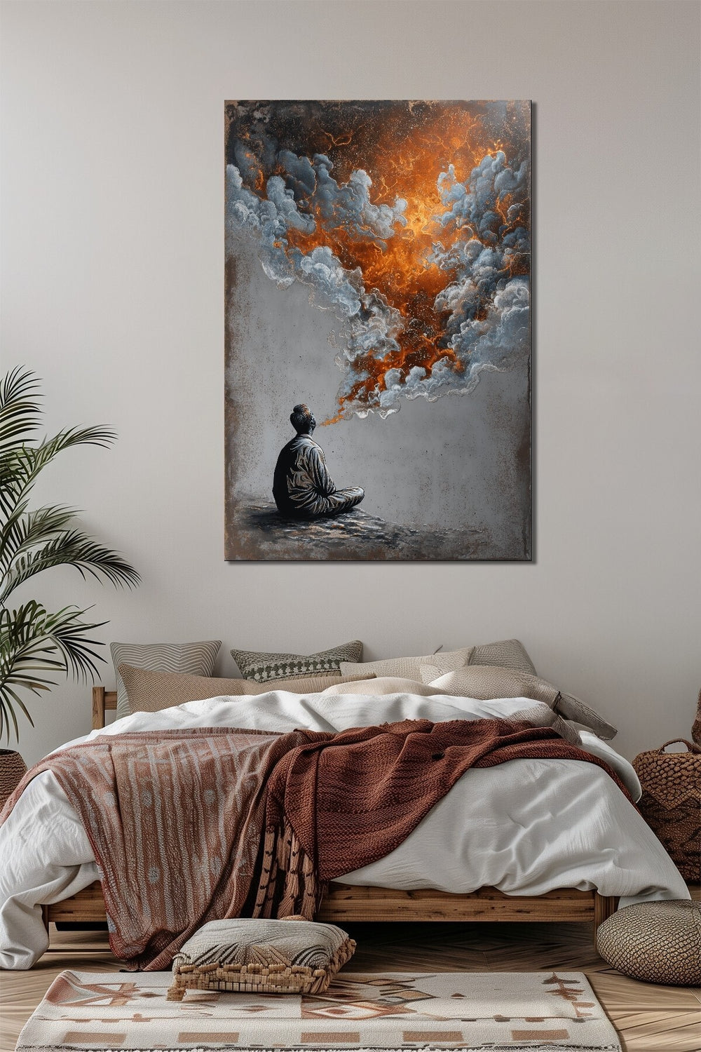 Meditasyon Duman Bulutu Baskılı Cam Tablo – Soyut Enerji ve Düşünce Duvar Dekoru