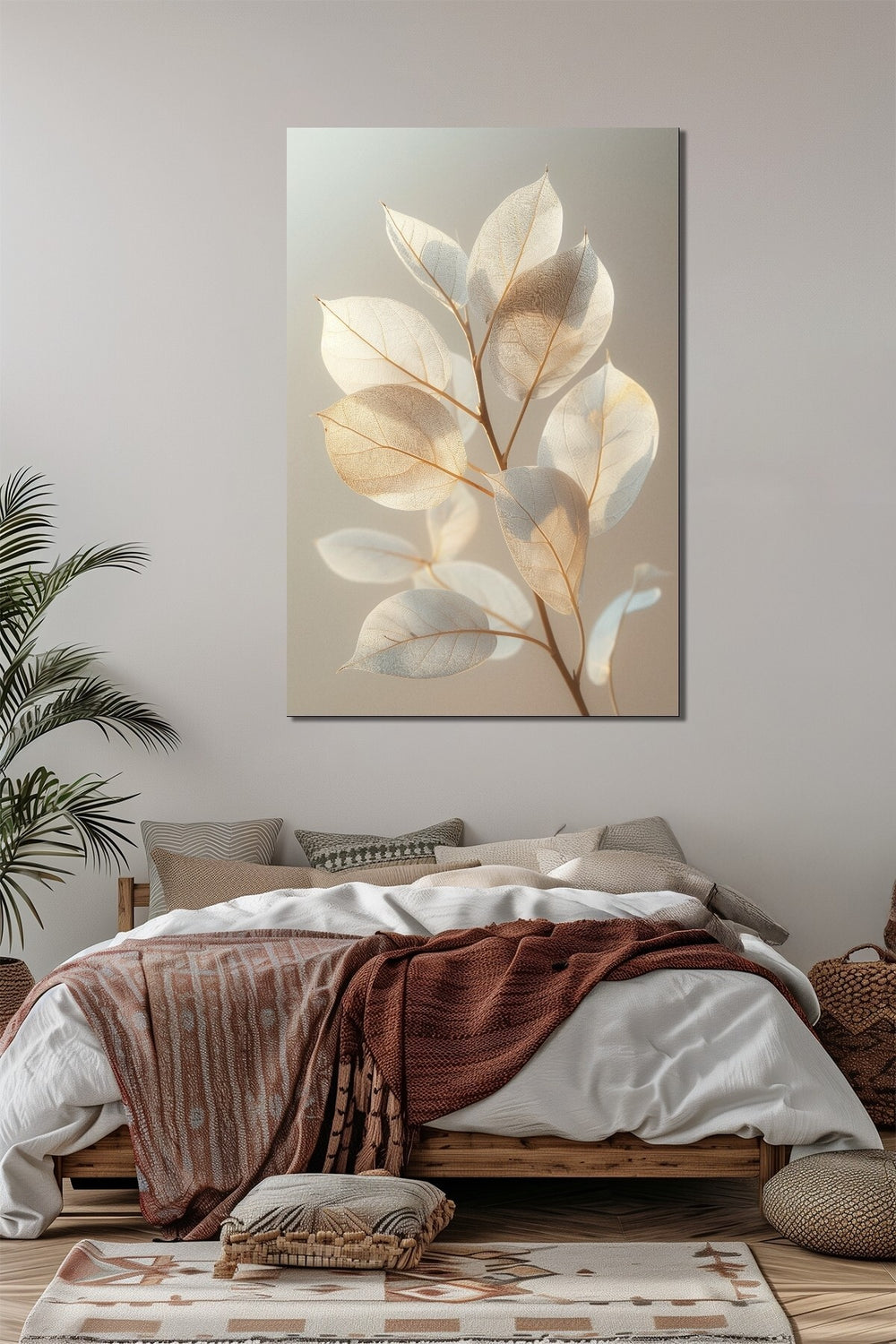 Minimalist Yaprak Baskılı Cam Tablo – Modern Doğa Temalı UV Baskı Duvar Dekoru
