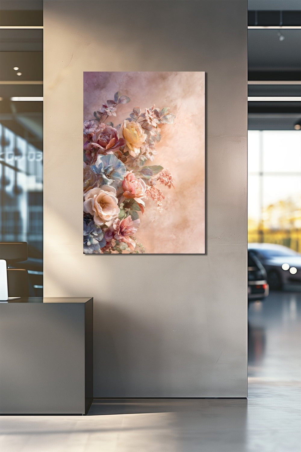 Çiçek Buketi Baskılı Cam Tablo – Pastel Tonlu Floral Duvar Dekoru