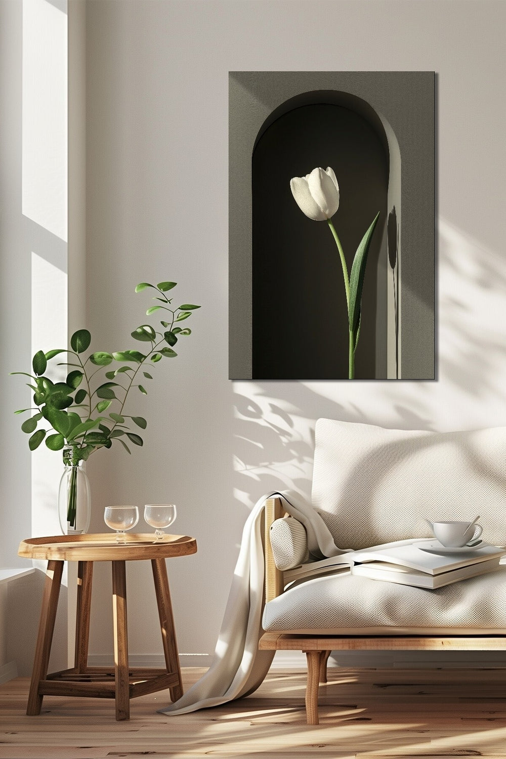 Lale Çiçeği Baskılı Cam Tablo – Niş İçinde Beyaz Lale Minimalist Duvar Dekoru