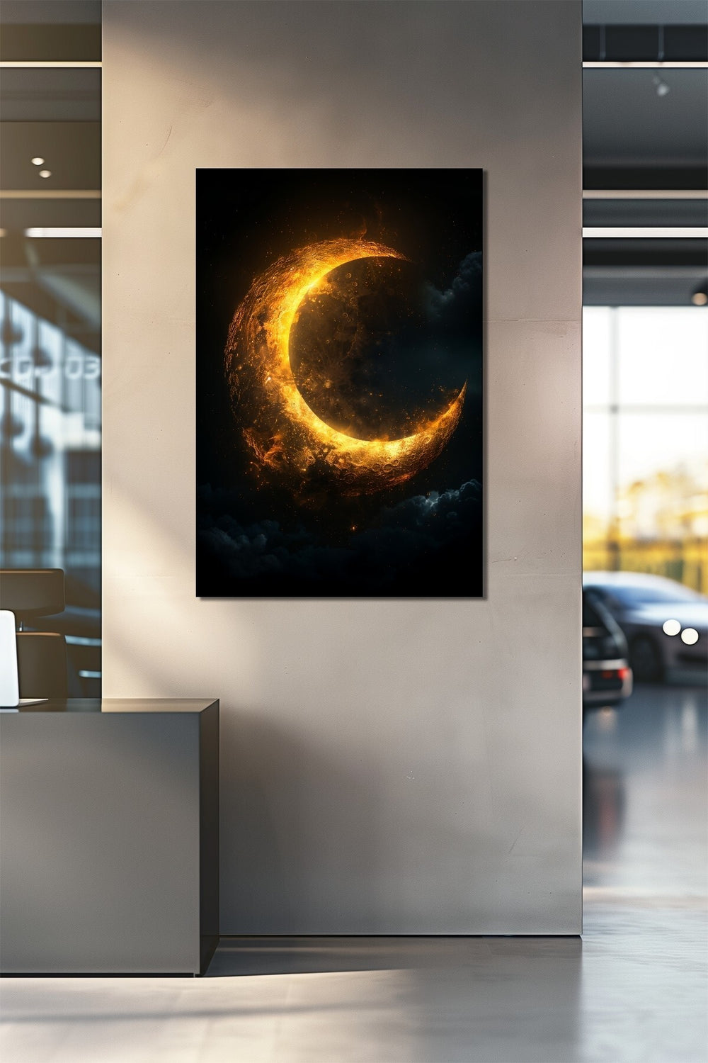 Hilal Ay Baskılı Cam Tablo – Altın Işıltılı Gece Temalı Modern Duvar Dekoru