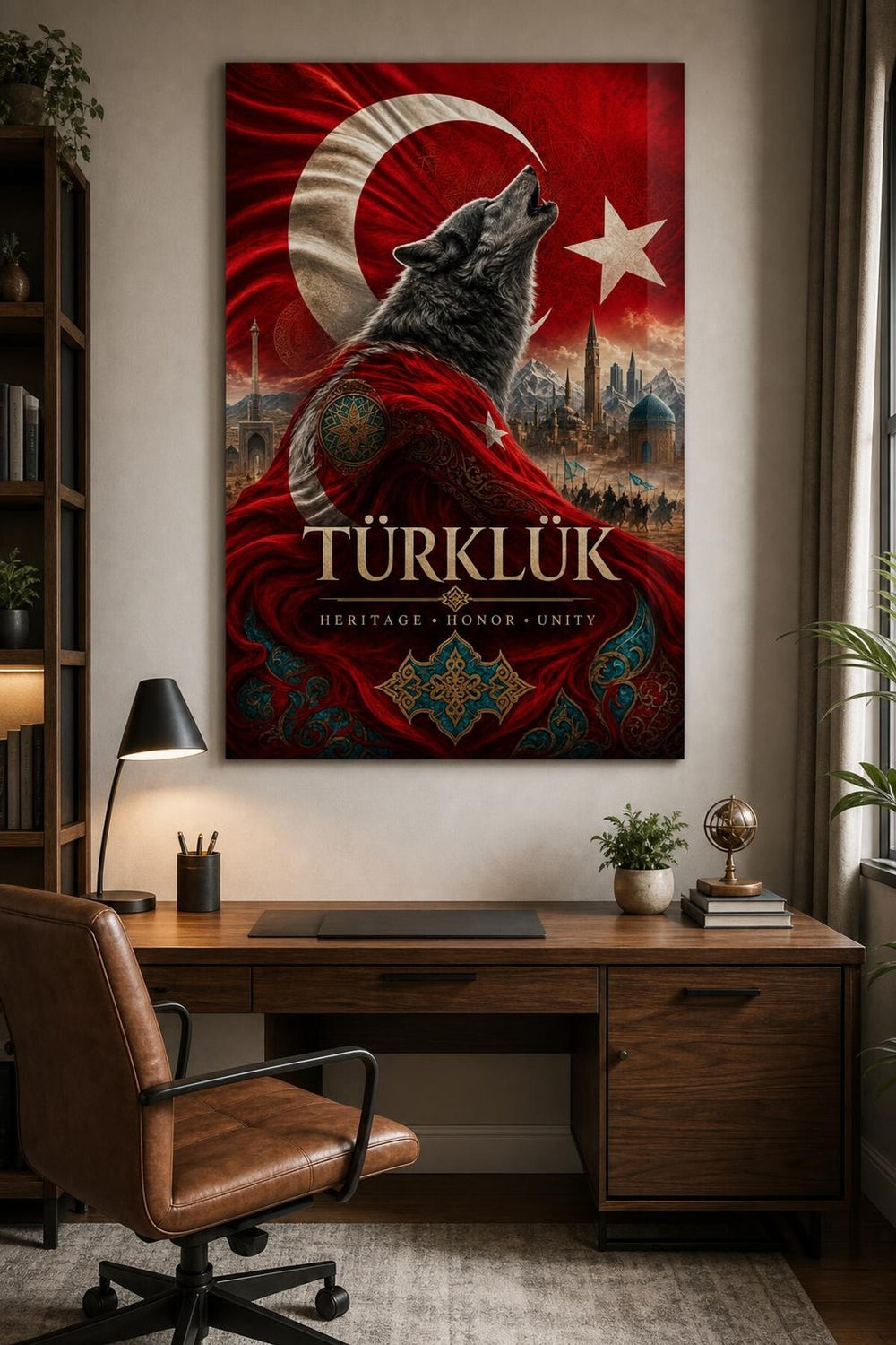 Türklük Bozkurt Temalı Baskılı Cam Tablo – Türk Bayrağı UV Baskı Duvar Dekoru