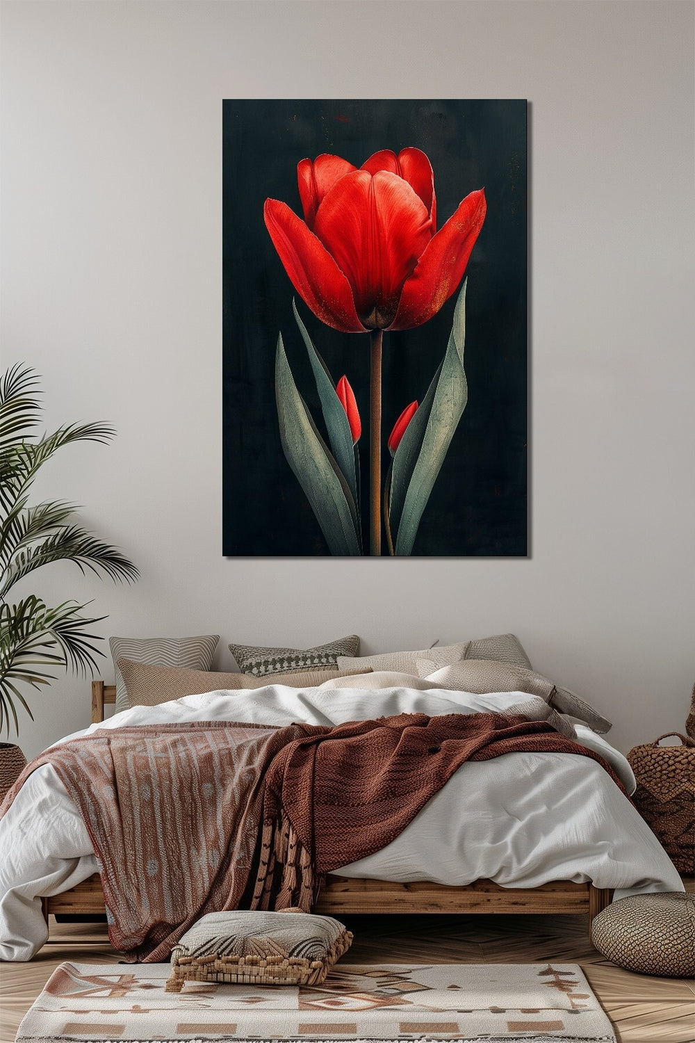 Kırmızı Lale Baskılı Cam Tablo – Minimalist Siyah Zemin Modern Çiçek Dekoru