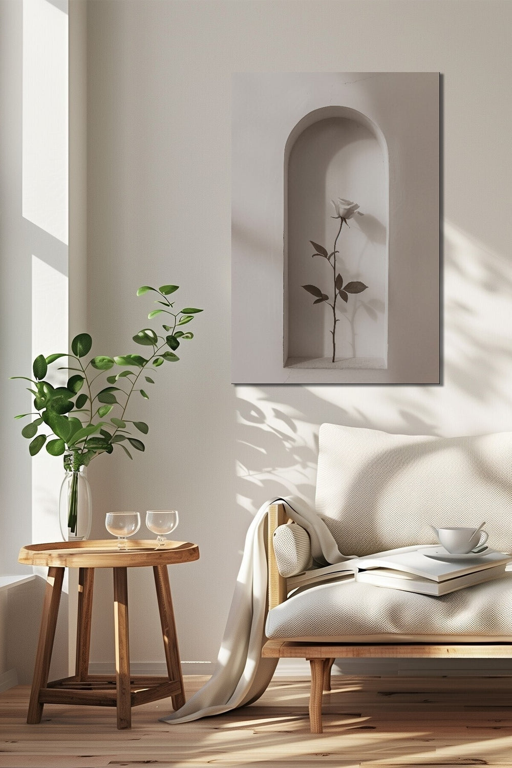 Minimalist Gül Baskılı Cam Tablo – Niş İçinde Beyaz Gül Modern Duvar Dekoru