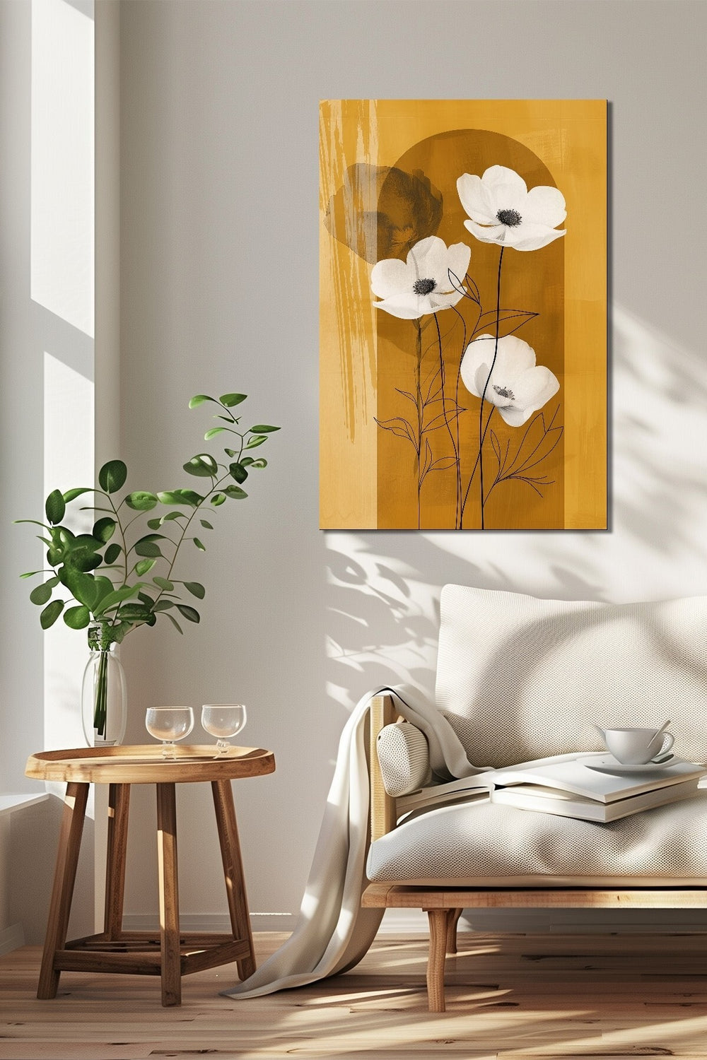 Sarı Çiçek Baskılı Cam Tablo – Minimalist Modern UV Baskı Duvar Dekoru