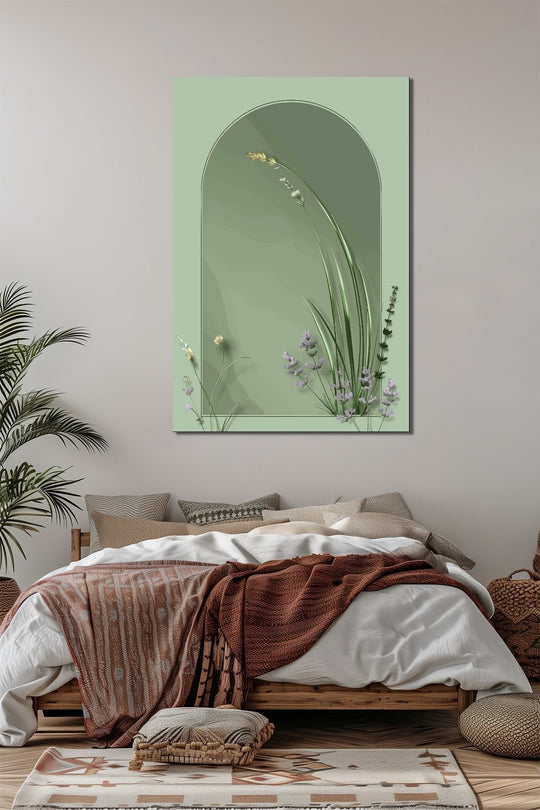 Minimalist Bitki Baskılı Cam Tablo – Yeşil Tonlarda Modern Doğal Dekoratif Tasarım