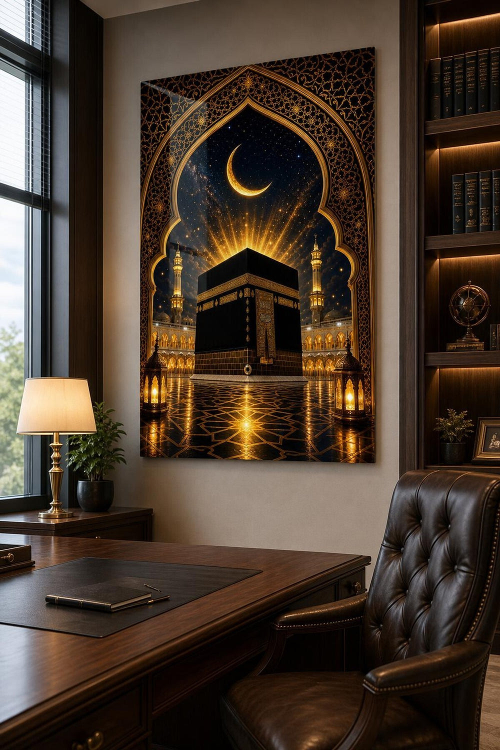 Kabe ve Hilal Desenli Baskılı Cam Tablo – UV Baskı Manevi Duvar Dekoru