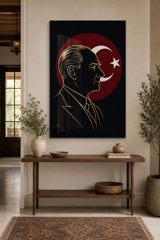 Atatürk ve Türk Bayrağı Baskılı Cam Tablo – UV Baskı Milli Duvar Dekoru