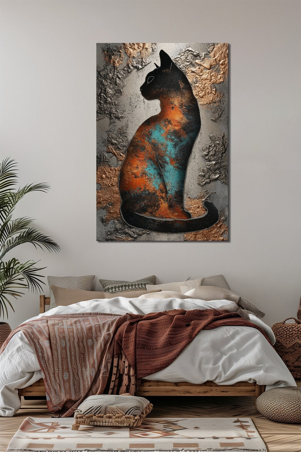 Kedi Silüeti Baskılı Cam Tablo – Modern Soyut Dekoratif Duvar Tablosu