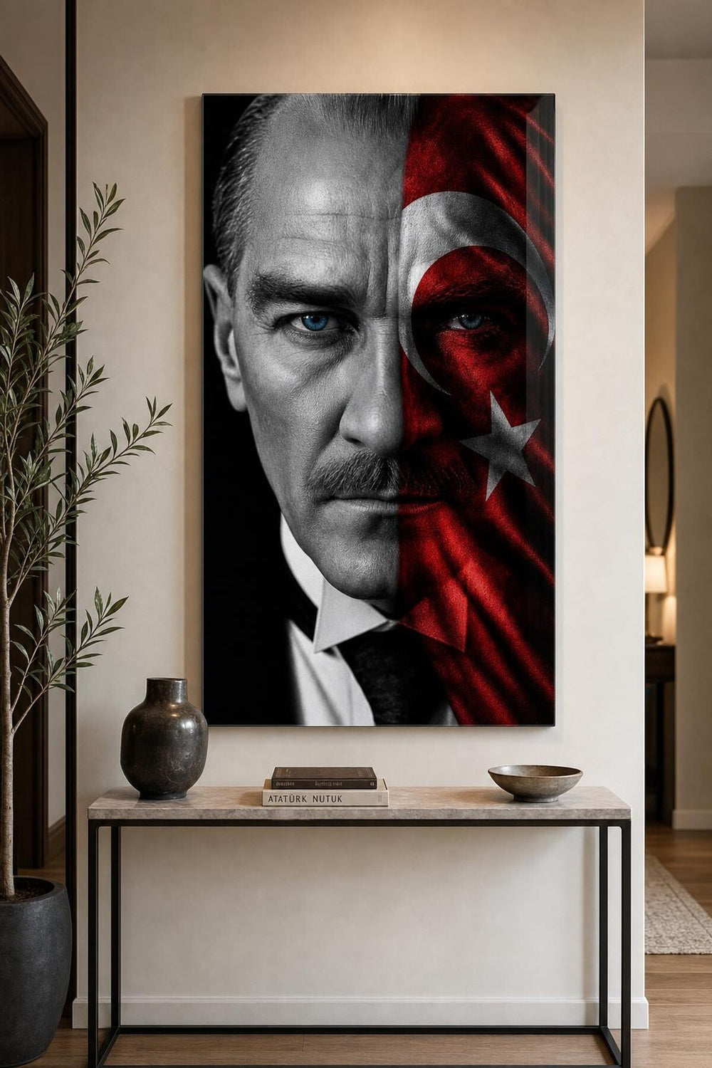 Atatürk Yarım Yüz Bayrak Baskılı Cam Tablo – UV Baskı Dekoratif Duvar Tablosu